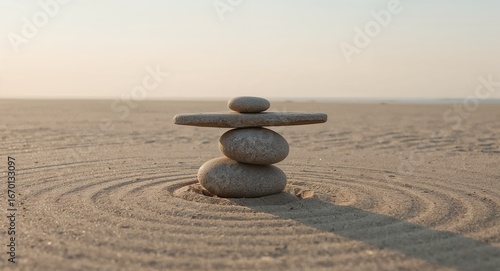 Serene stone cairn balanced on sandy beach, encircled by raked sand patterns at sunrise.