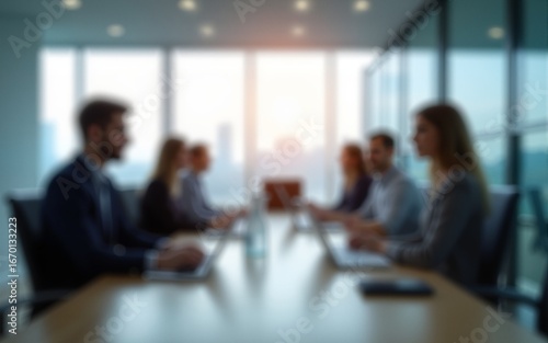 Blurred View of Business People in Meeting Room. A slightly out-of-focus image captures a group of business professionals seated around a conference table in a modern office space. High quality