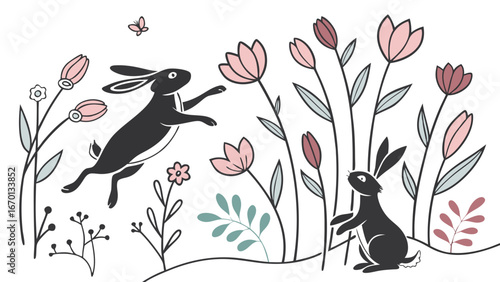 Springtime bunnies in a floral meadow cute rabbit illustration Easter design childrens book art.