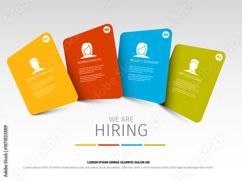 Colorful hiring announcement featuring job positions like senior developer, administrator, project manager, and web developer. Modern design with vibrant cards and text layout.