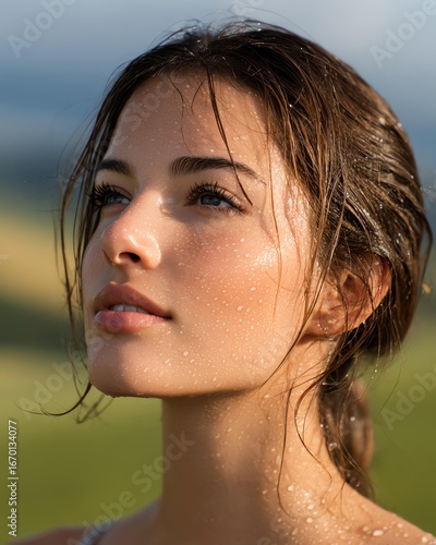 Close-Up Portrait of Wet Woman with Natural Beauty in Outdoor Setting