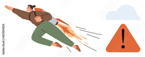 Individual in action wearing a jetpack, flying upwards toward a cloud while a warning triangle indicates caution. Ideal for innovation, risk, aspiration, challenge, growth, warning success. Simple