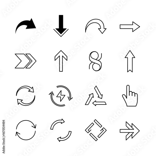 Collection of diverse arrow icons in various directions and styles, perfect for web design and user interfaces