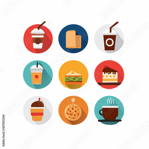 Food and drink vector icon set in flat style. Includes meal, snack, and beverage symbols. Clean design for restaurant, infographic, and apps.
