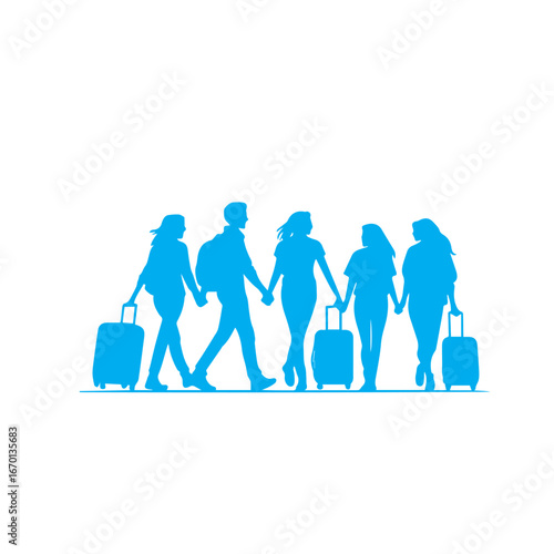 Vector art of group of diverse people walking with luggage