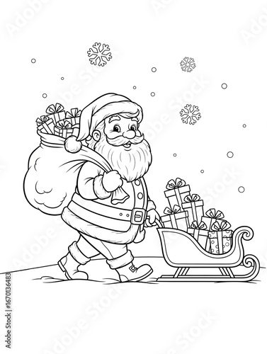 Santa Claus carries bag full of gifts on a sled. Festive Winter card