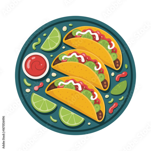 Deliciously decorated plate of three savory tacos with lime wedges and salsa