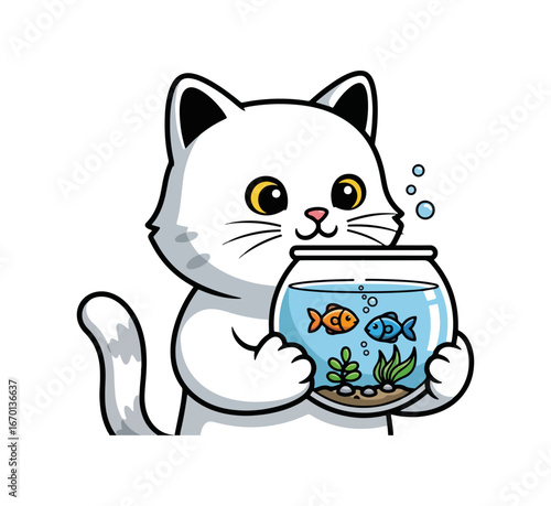 Cute cat holding fishbowl with fish