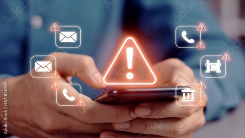 Hands holding smartphone displaying a prominent digital warning sign surrounded by alert icons, symbolizing online security threats, data protection, and scam prevention.
