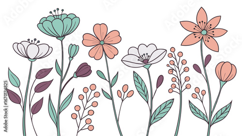 Floral design element botanical illustration pastel flowers spring blossoms summer blooms cute flower arrangement hand drawn flowers simple floral pattern delicate flowers pretty floral design vector.