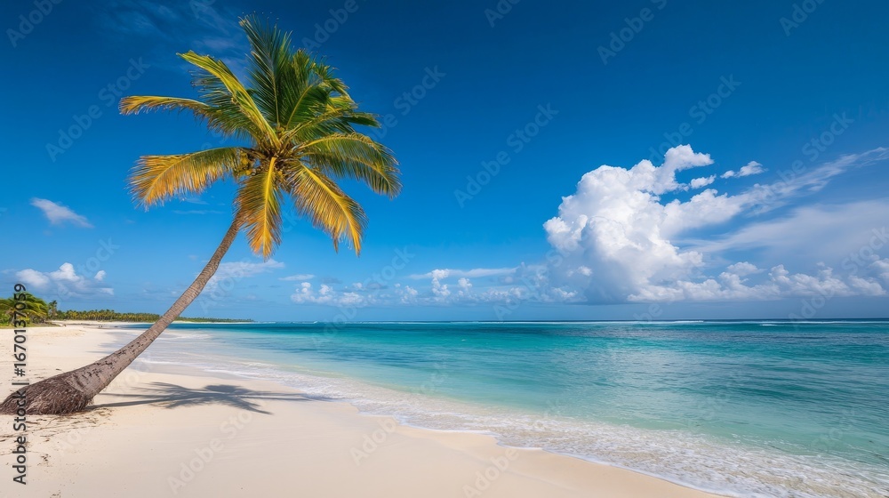 Obraz premium breathtaking wide-angle scene of a lush coconut palm tree standing tall on the powdery white sands of punta canaâ€™s idyllic beach its slender, curved trunk leans slightly toward the crystal-clear