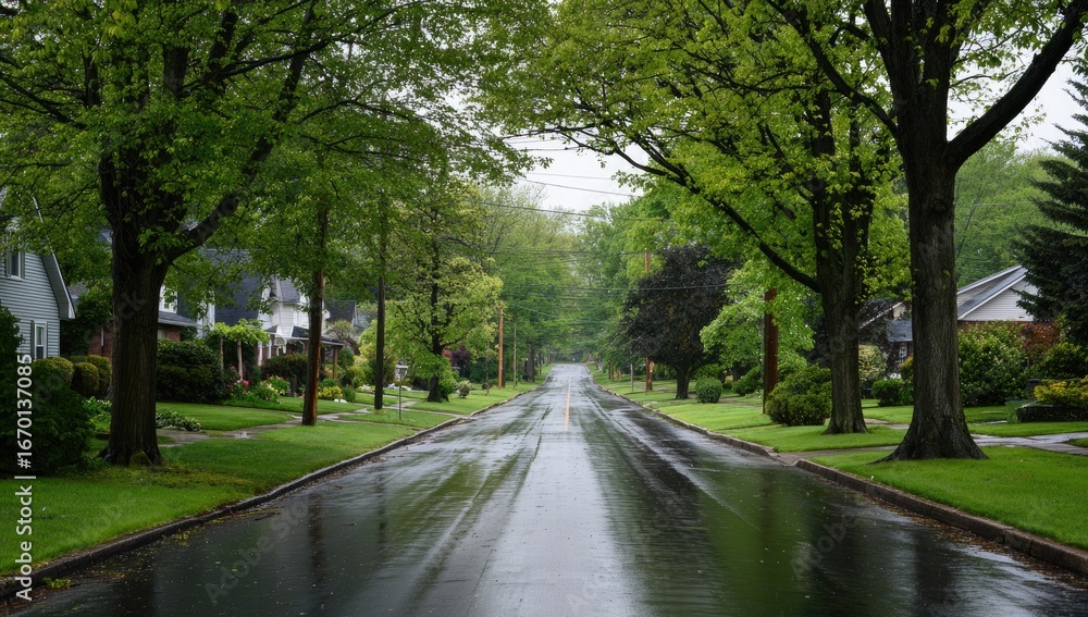 Obraz premium A rain-slicked street lined with lush trees and houses