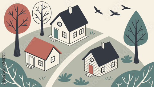 Vector Illustration of Houses and Nature Landscape.