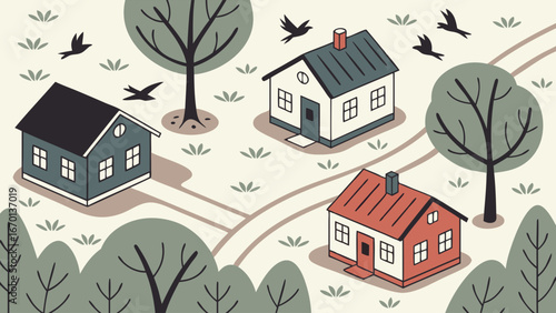 Isometric illustration of houses in a rural landscape with trees and birds.