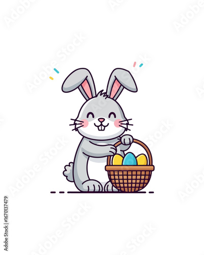 Cute grey rabbit holding easter basket with eggs