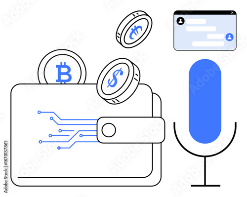 Open digital wallet with cryptocurrency coins, chat interface, and microphone icon. Ideal for fintech, cryptocurrency, digital payments, blockchain, technology, communication simple landing page