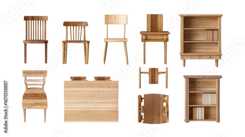 High-Quality Wooden Furniture: A flat lay of high-quality wooden furniture pieces like chairs, tables, and bookshelves, isolated on a Transparent background, PNG file.