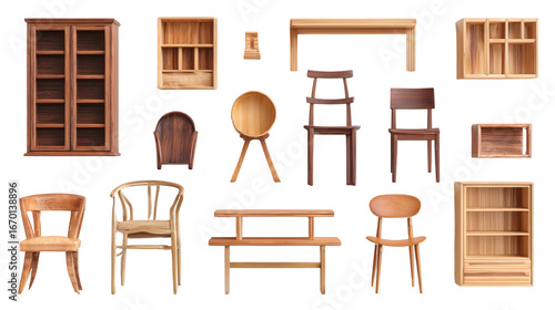 High-Quality Wooden Furniture: A flat lay of high-quality wooden furniture pieces like chairs, tables, and bookshelves, isolated on a Transparent background, PNG file.