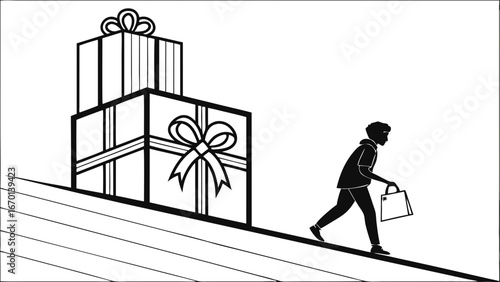 Person walking uphill towards large gift boxes shopping bag black and white illustration.