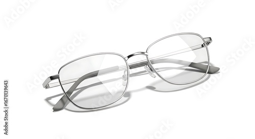 Sleek silver-framed eyeglasses with clear lenses, subtly angled on a white background.