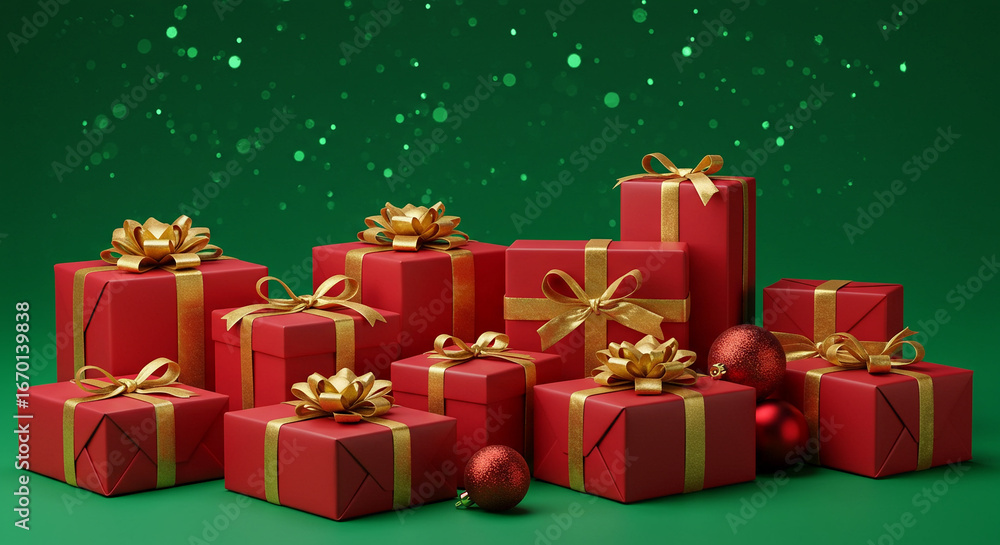 Fototapeta premium Beautifully wrapped red gifts with golden ribbons and bows, shimmering against a festive green background, symbolizing holiday cheer and joyful celebrations