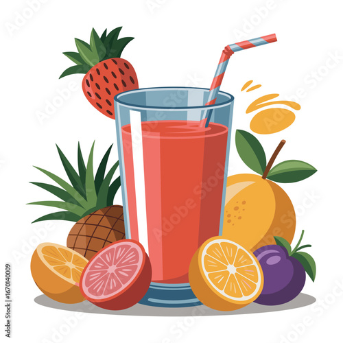 Refreshing glass of tropical fruit juice surrounded by freshly sliced fruits