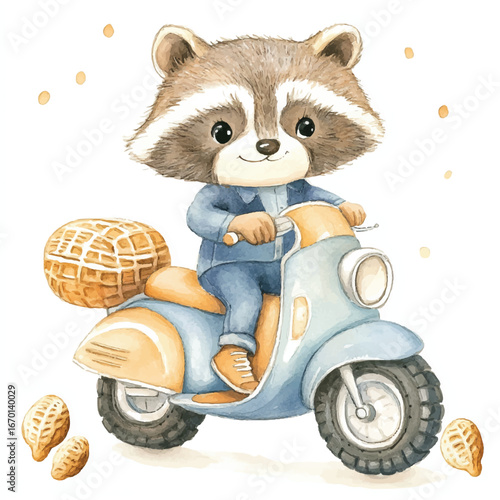 Watercolor Raccoon on Scooter with Peanuts Delivering Delicious Cargo