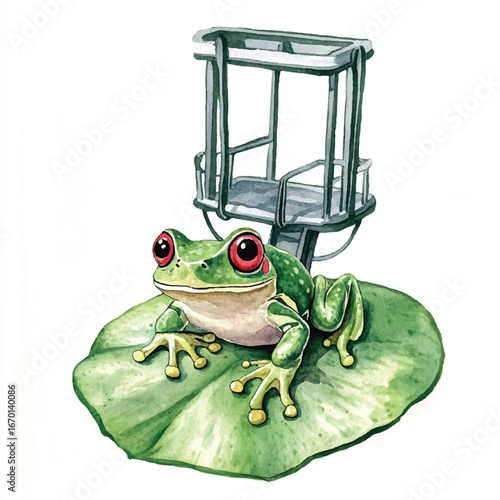 Watercolor RedEyed Tree Frog Perched on Lily Pad with Lifeguard Stand