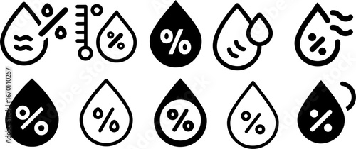 Humidity and Water Drop Icons Set: Minimal outline and solid icons of water drops, humidity, and moisture levels for weather apps, dashboards, and infographics.