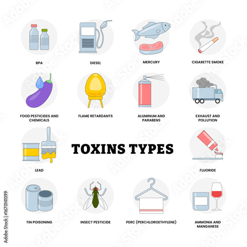 Different types of toxin types, BPA, Cigarette Smoke, Diesel, Exhaust and Pollution, Flame Retardant, Fluoride, Food Pesticides Chemical, Insect Pesticide, Lead, Mercury, Perc Perchloroethylene, Tin