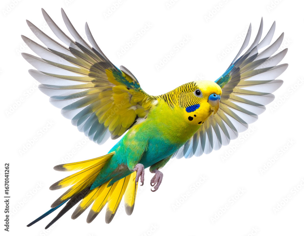 Fototapeta premium Yellow and Green Budgie in Flight, Transparent PNG