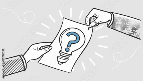 Handing Over a Paper with a Question Mark Inside a Light Bulb Illustration.