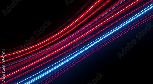 Abstract long exposure photo of glowing red and blue neon light trails on a dark background. Futuristic motion lines creating dynamic speed and energy with modern minimal design.