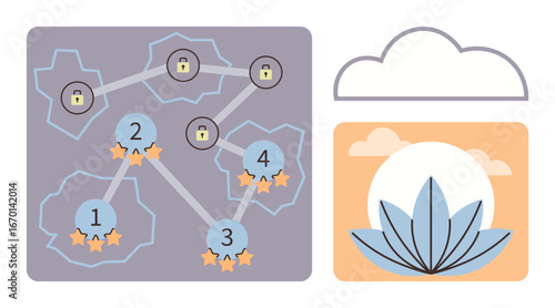 Numbered nodes connected by paths, locks for progress restrictions, stars for achievements. Lotus flower with sun for calm focus. Ideal for gaming, mindfulness, education, goal-setting, apps