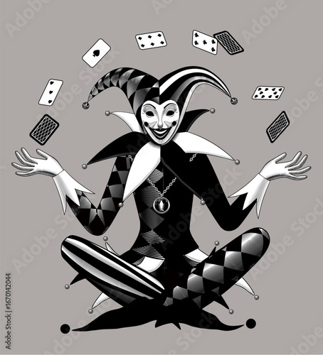 Sitting Joker juggles with playing cards. Drawing in vintage engraving and linear black and white style.  Vector illustration