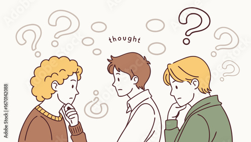Three people brainstorming thinking problem-solving question marks ideas solution.