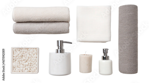 Luxury Bathroom Accessories: A flat lay of luxury bathroom accessories like towels, soap dispensers, and candles, isolated on a Transparent background, PNG file.