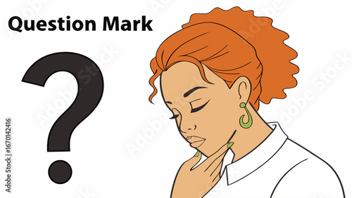 Illustration of a woman pondering a question mark thoughtful expression uncertainty concept.