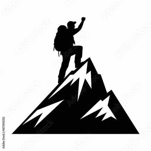Silhouette of a triumphant hiker reaching the summit of a snowy mountain