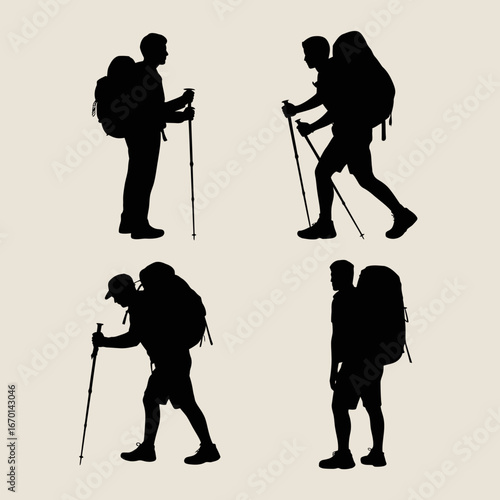 Four silhouettes of hikers with backpacks and trekking poles