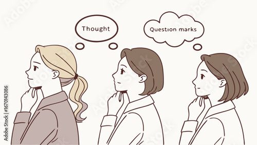 Three people thinking with thought bubbles concept of thought ideas brainstorming.