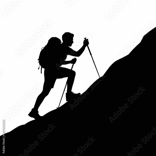 Silhouette of a hiker climbing a steep mountain with trekking poles