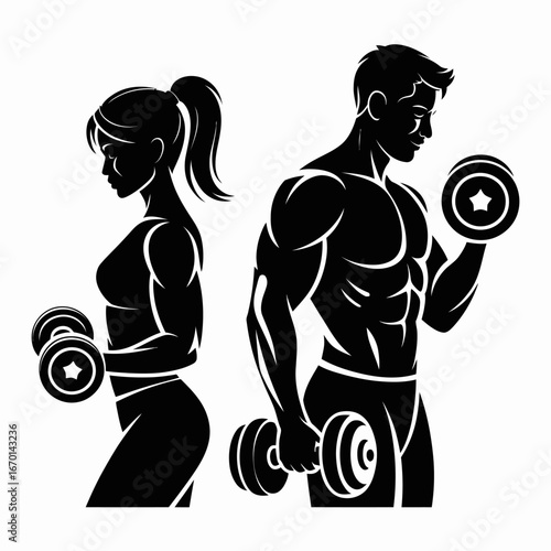 Silhouetted man and woman lifting dumbbells together