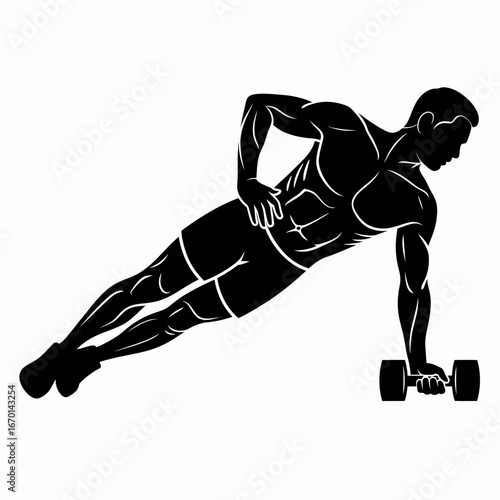 Man performing a dumbbell side plank exercise for core strength