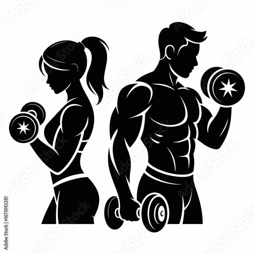Fit couple lifting dumbbells silhouette for fitness and health