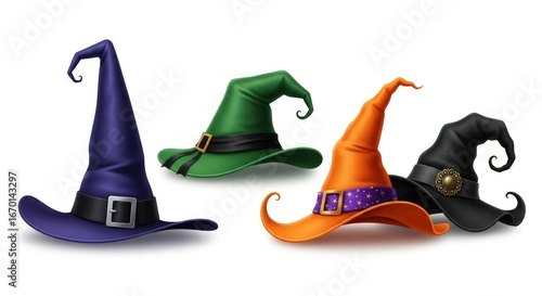 Festive witch hats in vibrant colors perfect for Halloween celebrations and spooky themes