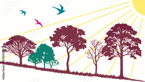 Sunny Day Trees Birds Illustration Nature Landscape Spring Summer Autumn Design Forest Silhouette Simple Graphic Card Poster Banner Website.