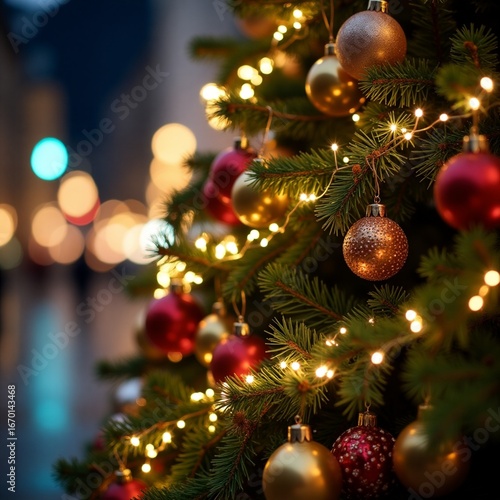 A close-up of a beautifully decorated Christmas tree with twinkling fairy lights, ornaments, and a golden star on top, soft bokeh effect in the background creating a dreamy holiday atmosphere.