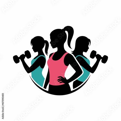 Three women silhouettes exercising with dumbbells