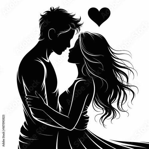 Romantic silhouette of a couple embracing under a heart